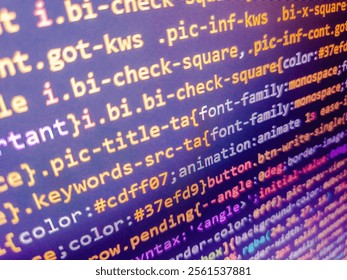 Abstract html code design on a gradient dark blue background. Finance and economic graphs. Provided full access to the server. Programming code text on computer screen. Computer script.