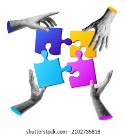 Abstract Human Hands Put Together Colorful Puzzle, Contemporary Collage. Teamwork, Business, Collaboration, Problem Solving Concept. 