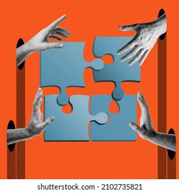 Abstract human hands put together puzzle, contemporary collage. Teamwork, business, collaboration, problem solving concept. 