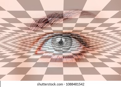 Abstract  Hypnosis Checkered Background With Girl Eye