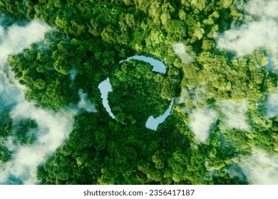 Abstract icon representing the ecological call to recycle and reuse in the shape of a pond with recycling symbol in the middle of a beautiful untouched forest. 3d rendering. - Shutterstock ID 2356417187
