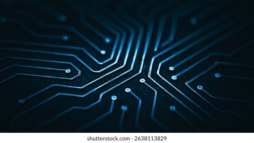 Abstract illustration of a circuit board with blue lines on a dark background. A professional and neutral background suitable for multiple creative needs.