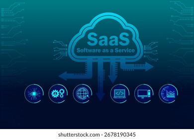 Abstract illustration of SaaS cloud computing with technology icons and digital network background. Concept of software as a service, online platform, innovation, data management, internet business.