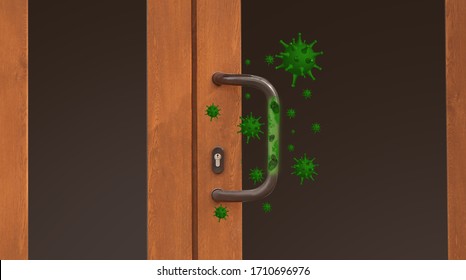 Abstract Illustration Of Virus, Dirty Door Handle. Avoid Touching Objects And Surfaces In Public Spaces During COVID-19 Pandemic