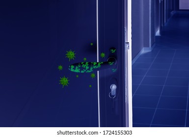 Abstract Illustration Of Virus And Dirty Door Handle, Closeup View Under UV Light. Avoid Touching Surfaces In Public Spaces During Coronavirus Outbreak