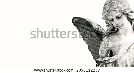 Abstract image with background and place for caption and fragment of tragic sad american angel. Black and white concept.