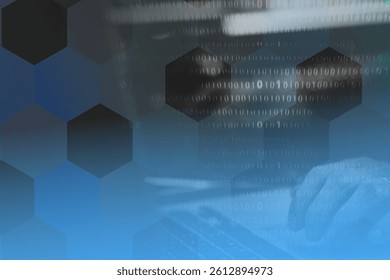 Abstract image with binary code overlay and hexagonal pattern. Blurred hands typing on a keyboard. Technology and data theme with digital elements. Business image. - Powered by Shutterstock - Get 15% off with code: PIKWIZARD15