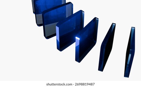 Abstract image of blue translucent rectangles arranged in dynamic, cascading pattern