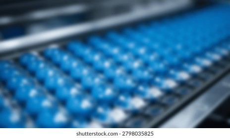 Abstract image of blurred blue objects moving on a conveyor belt, suggesting industrial production and manufacturing processes.