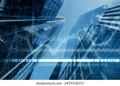 Abstract image of buildings overlaid with financial data graphs, symbolizing real estate market analysis on a blue background