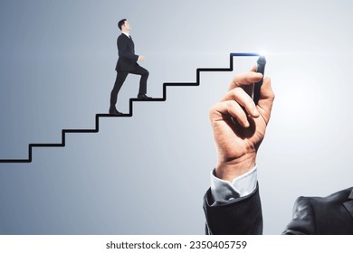 Abstract image businessman climbing hand drawn stairs light background  Teamwork  success   career development concept