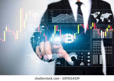 Abstract Image of Businessman Touching the Bitcoin digital hologram. Future Business Bitcoin and technology Concept. - Shutterstock ID 1095014339