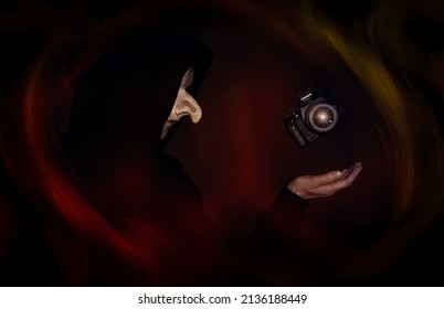 An Abstract Image of a Camera Levitating over A Hand of a Hooded, Masked Figure