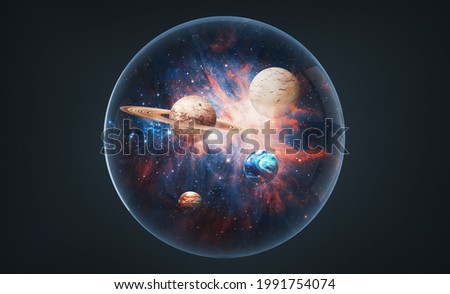 Abstract image collage of outer space planets inside of glass sphere.The element of this image furnished by NASA.
