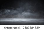 Abstract image of dark room concrete floor. Stage or Black room background for product placement. Panoramic view of the abstract fog. White cloudiness, mist or smog moves on black background.