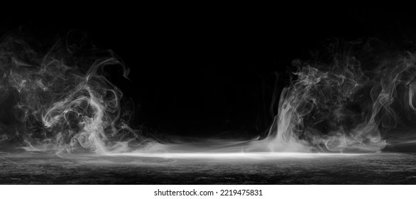 Abstract image of dark room concrete floor. Black room or stage background for product placement.Panoramic view of the abstract fog. White cloudiness, mist or smog moves on black background.  - Shutterstock ID 2219475831