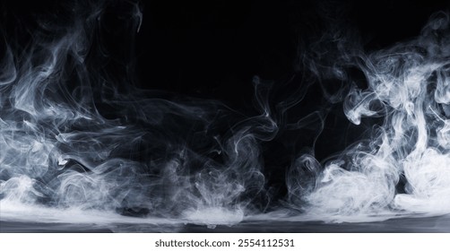 Abstract image of dark room concrete floor. Black room or stage background for product placement.Panoramic view of the abstract fog. White cloudiness, mist or smog moves on black background. 