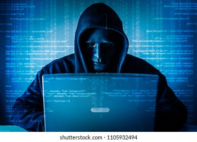 The abstract image of the hacker wear a mask using a laptop in the empty white room overlay with source code hologram. the concept of cyber attack, virus, malware, illegally and cyber security. - Powered by Shutterstock - Get 15% off with code: PIKWIZARD15
