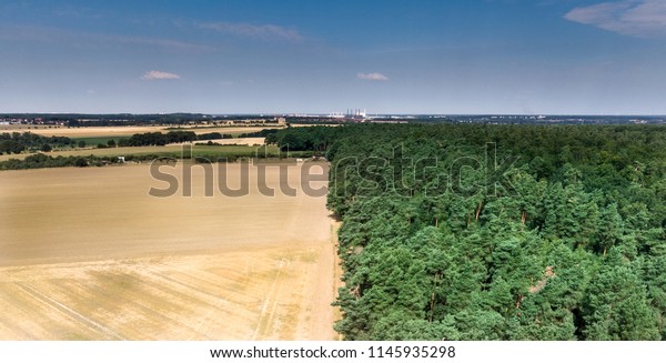 Abstract\
image of a harvested wheat field, divided at a forest boundary, in\
the middle, with blue sky in the\
background.