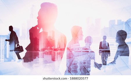 Abstract Image Of Many Business People Together In Group On Background Of City View With Office Building Showing Partnership Success Of Business Deal. Concept Of Employee Teamwork, Trust And Agreement