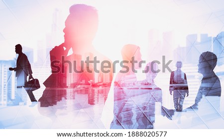 Abstract image of many business people together in group on background of city view with office building showing partnership success of business deal. Concept of employee teamwork, trust and agreement