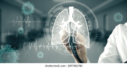 Abstract image of medical female worker hand on glowing interface of lungs and virus on blurry interior background. Medicine, healthcare and pandemic concept. Double exposure - Powered by Shutterstock