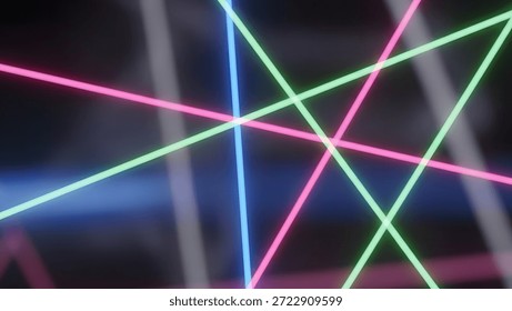 Abstract image with multiple intersecting glowing pink, green, blue, and white lines on a dark background.