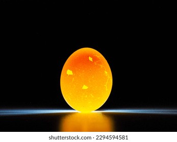 an abstract image, a single egg lit against a black background with cracks in the eggshell