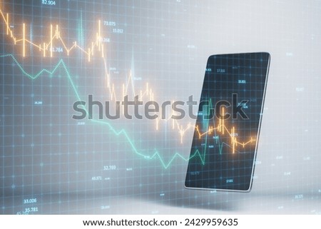 Abstract image of smartphone with falling business chart on blurry grid background. Crisis and financial downfall concept. Double exposure