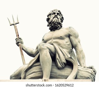 Abstract image with statue of ancient god Neptune with trident. Patron of horses and chariot races. God of moisture, springs, water, sea and drought protector.