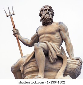 Abstract image with statue of ancient god Neptune with trident. Patron of horses and chariot races. God of moisture, springs, water, sea and drought protector.