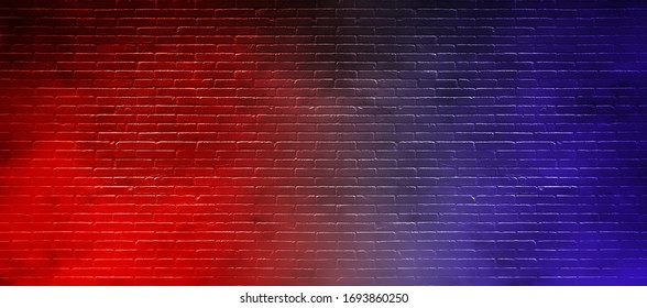 Abstract image of Studio dark room with lighting effect red and blue on black brick wall gradient background for interior decoration.