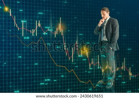 Abstract image of thoughtful businessman with falling business chart on blurry grid background. Crisis and financial downfall concept. Double exposure