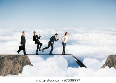 Abstract image of young team members walking on rope drawn with pen between cliffs on sky background. Confidence and success concept