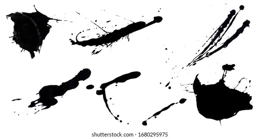 abstract ink black of stain or splash black watercolor paint and liquid Ink splash splatter is calligraphy of scatter watermark line brush for concept design isolated on white background,clipping path