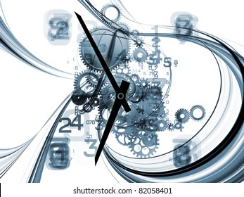 Abstract Interplay Of Clock Symbols And Graphic Elements On The Subject Of Time, Technology, Past, Present And Future.