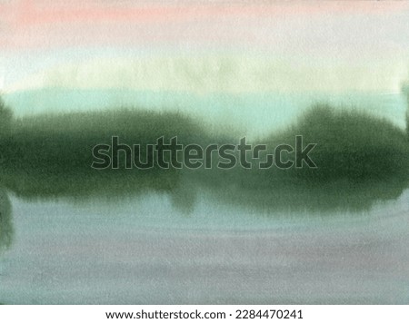 abstract landscape hand painted in watercolour, pond at dusk