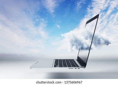 Abstract Laptop On Sky Background. Cloud Computing And Device Concept. Double Exposure 