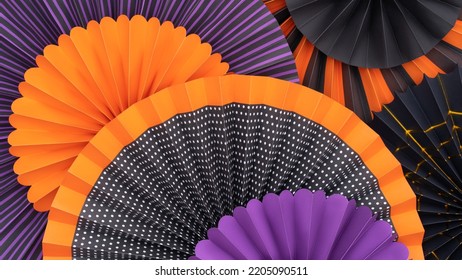 Abstract Layered Background Of Multi-colored Paper Fans. Colorful Fun Party Spiral Fan Decor. Black, Purple And Orange Paper Fan. Halloween Background.