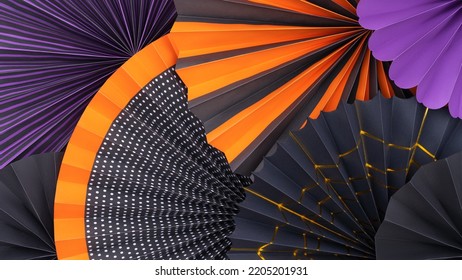 Abstract Layered Background Of Multi-colored Paper Fans. Colorful Fun Party Spiral Fan Decor. Black, Purple And Orange Paper Fan.