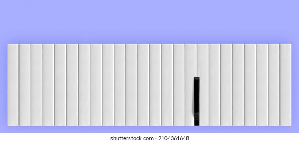 Abstract Layout With Black Piano Key Among White Piano Keys Isolated On Purple-blue Background. Creative Wallpaper. Note Card Idea. The Concept Of Music Festival Or Concert. Minimal Flat Lay.