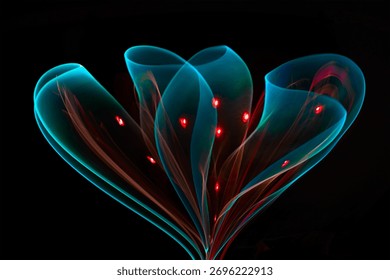 Abstract light form creating the shape of a flower made of luminous trails with selective focus, evoking a futuristic and ethereal feel. Abstract flower lights.