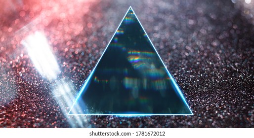 Abstract linear shiny geometric background. Blue neon triangle. Pink and gray glitter texture abstract backgdrop.
