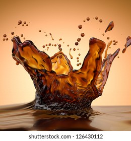 Abstract Liquid Splash Of Brown Hot Coffee On Orange Background