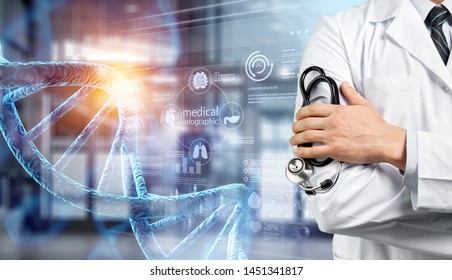 Abstract luminous DNA molecule. Doctor using tablet and check with analysis chromosome DNA genetic of human on virtual interface. Medicine. Medical science and biotechnology. 
