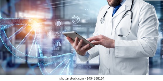 Abstract luminous DNA molecule. Doctor using tablet and check with analysis chromosome DNA genetic of human on virtual interface. Medicine. Medical science and biotechnology.
    
    - Image