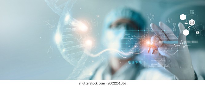 Abstract luminous DNA molecule. Hand of doctor touching and cut dna for checking with analysis chromosome DNA genetic of human on virtual interface. Medicine, Medical science and biotechnology. - Shutterstock ID 2002251386