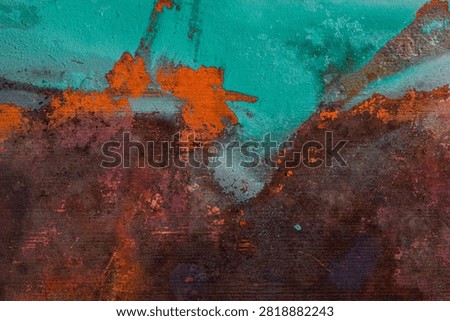 Abstract macro texture of naturally oxidized copper featuring vibrant turquoise verdigris patina, exposed copper surface, and dark weathered metal. Authentic corrosion patterns create a unique industrial background, ideal for vintage, artistic, and creative design projects