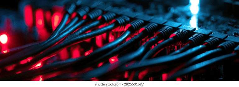 An abstract, macro view of tangled wires illuminated by vibrant red and blue lights, creating a futuristic and technological aesthetic.