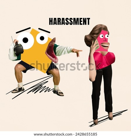 Abstract male character pointing on woman and shouting in manipulative offensive ay. Gender discrimination and domination. Contemporary surreal artwork. Social pressure, psychology of behavior concept